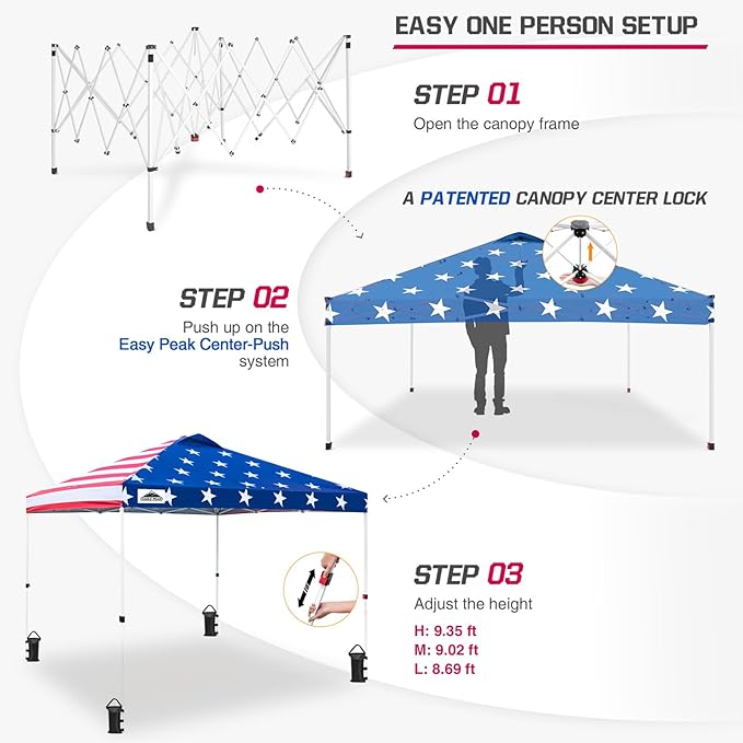 EAGLE PEAK Pop Up Canopy Tent with Wheeled Carry Bag, 8 Stakes, 4 Ropes, 4 Weight Bags, Easy Set Up Tent Canopy, 10x10 ft, 100sqft of Shade, American Flag
