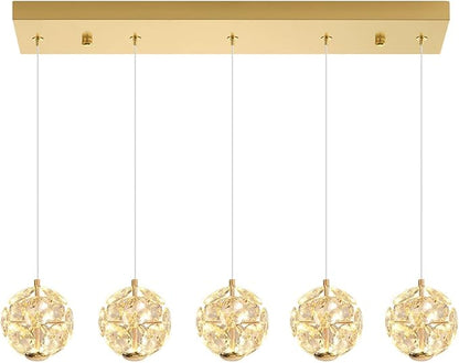 ykolupty 5-Lights Crystal Globe Pendant Light Kitchen Island Gold Linear Chandeliers for Dining Room,LED Dimmable Globe Chandelier for Kitchen Living Room Foyer