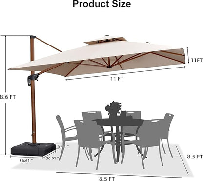 PURPLE LEAF 11ft Patio Umbrella with Base Outdoor Square Umbrellas Large Cantilever Umbrella Windproof Offset Umbrellas Heavy Duty Sun Umbrella for Garden Deck Pool Patio, Beige