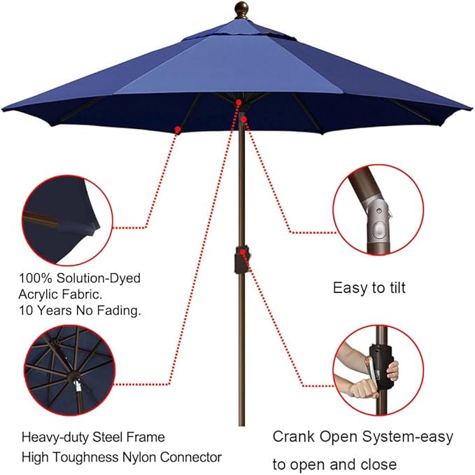 EliteShade USA 10-Year-Non-Fading 9Ft Market Umbrella Patio Umbrella Outdoor Table Umbrella with Ventilation, Navy Blue
