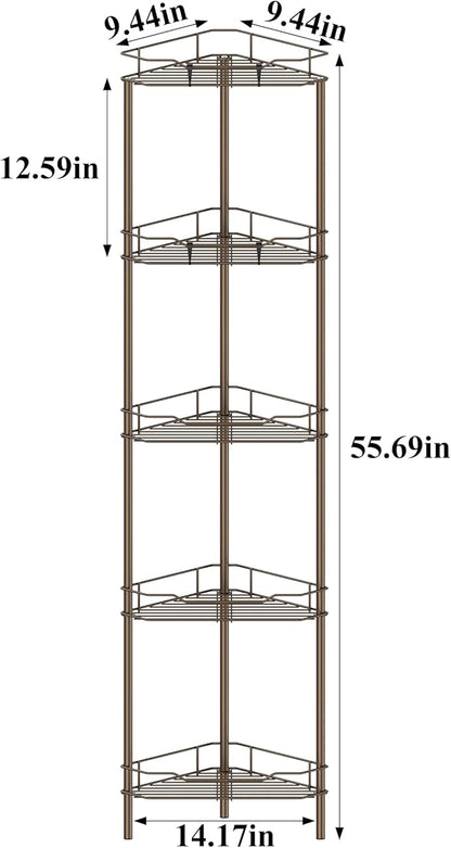 HuggieGems 5 Tier Floor Standing Corner Shower Caddy Organizer Shelf with Hooks, Bathroom Shelves Stand Rack, Bronze