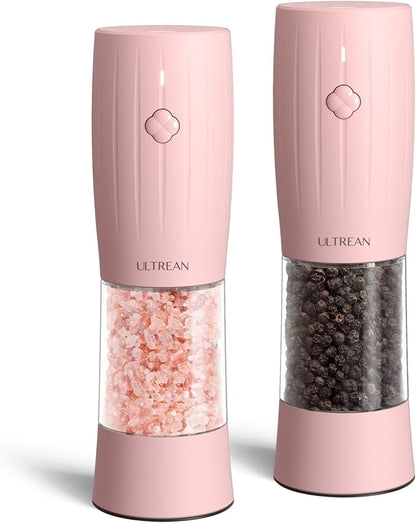 Ultrean Electric Salt and Pepper Grinder Set, Rechargeable Salt and Pepper Shakers, 6 Adjustable Coarseness, LED Light, Kitchen Gadget & Christmas Gifts, Pink