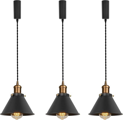 Set of Three Adjusted Wire Length H-Type Track Hanging Light 3.9 Ft Cord E26 Vintage Brass Base Industrial Design Black Metal Pendant Light Fixture for Loft Aisle Bar(No Bulb, Track)
