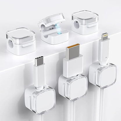 Cord Holder, 6 Pack Magnetic Cable Clips, Strong Adhesive Cord Holder for Nightstand Desk Organizer Kitchen Appliances Car Wall Office Phone Wire Keeper, Clear White