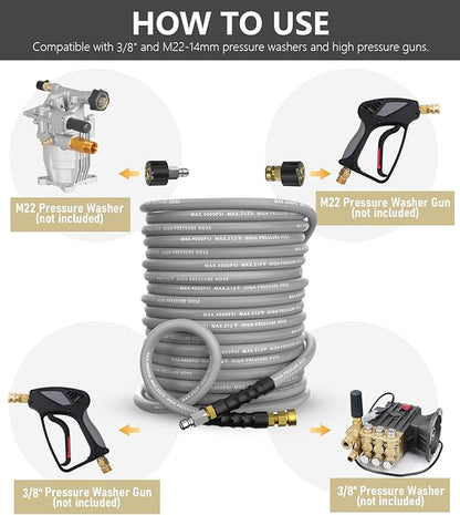 Pressure Washer Hose 50FT 4000 PSI, Kink Resistant Steel Braided Layer & NonMarking Rubber for Hot/Cold Water, High Power Washer Hose With 3/8 Inch Quick Connect & M22 Fitting, Gray