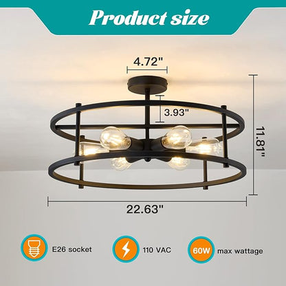 Large Semi Flush Mount Ceiling Light Fixture Black Cage Ceiling Light 6 Light Chandelier for Kitchen Dining Room Entryway Living Room Bedroom Foyer