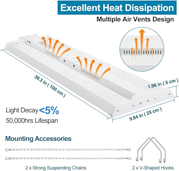 2-Pack 300W High Bay LED Shop Lights, Power Tunable 300W/240W/200W, 4000K/5000K Selectable, 3FT 42000LM 100-277V, Linear High Bay Lights for Warehouse Workshop Supermarket Stadium, ETL