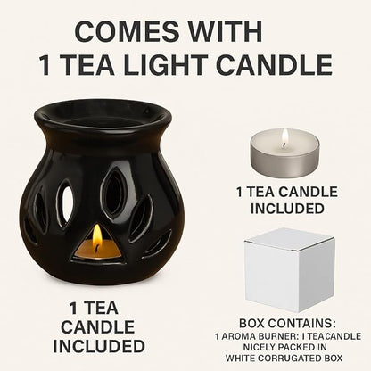 Pure Source India Ceramic Essential Oil Burner Wax Melt Burners |Aromatherapy| Ceramic Oil Diffuser| Candle Tealight Holder (Set of 1) Home Bedroom Decor Christmas Housewarming Gift, Black