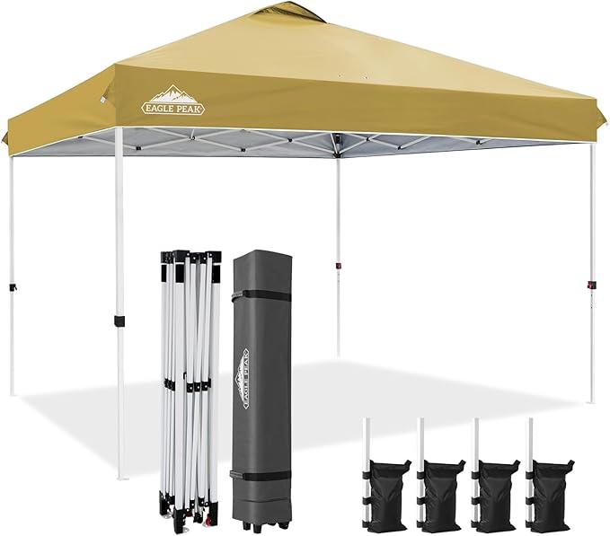 EAGLE PEAK Pop Up Canopy Tent with Wheeled Carry Bag, 8 Stakes, 4 Ropes, 4 Weight Bags, Easy Set Up Tent Canopy, 12x12 ft, 144sqft of Shade, Beige