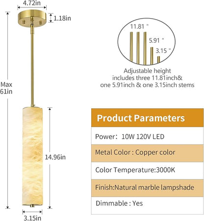 LMQNINE Natural Alabaster Pendant Lights White Marble 15" Long Tube Adjustable Boom Chandelier Modern 3000K Gold Ceiling Light for Kitchen Island Bedroom Dining Room Living Room Hallway(S-2Pack)