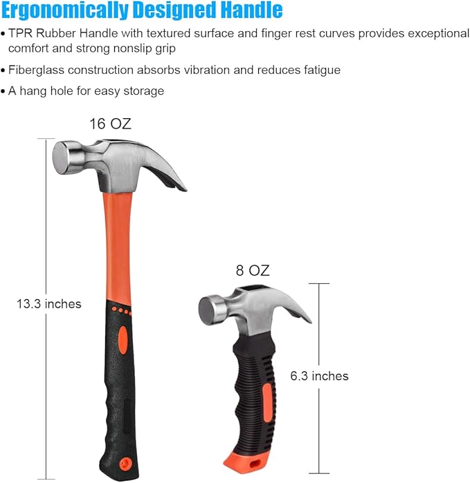 2 Piece Hammer Set,includes 1 Pack 8 OZ Mini Stubby Claw Hammer and 1 Pack 16 OZ Fiberglass General Purpose Claw Hammer,Soft Nonslip Handle & Heat Treated Head,Heavier for Higher Hardness