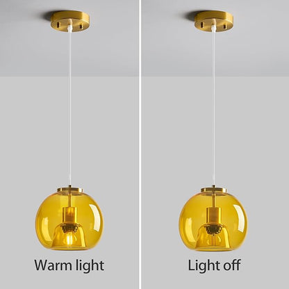 Yellow Glass Pendant Lights Kitchen Island Gold Hanging Light Fixture Glass Globe Pendant Light Modern Pendant Lighting for Kitchen Island Bedroom Dining Room (7.87", 2 Pack)