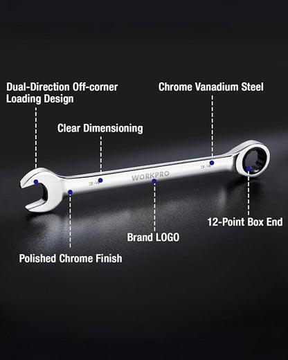 WORKPRO 3/4" Ratcheting Combination Wrench SAE, CR-V Constructed with Mirror Polish Chrome Plating, 12-Point Design, 15-Degree Offset