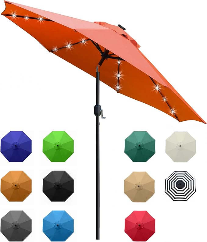 Sunnyglade 9' Solar LED Lighted Patio Umbrella with 8 Ribs/Tilt Adjustment and Crank Lift System (Orange)