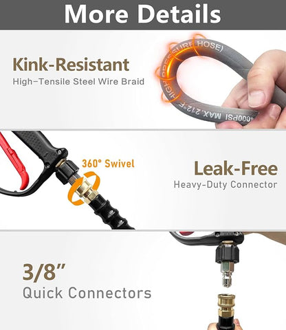 Pressure Washer Hose 50FT 4000 PSI, Kink Resistant Steel Braided Layer & NonMarking Rubber for Hot/Cold Water, High Power Washer Hose With 3/8 Inch Quick Connect & M22 Fitting, Gray