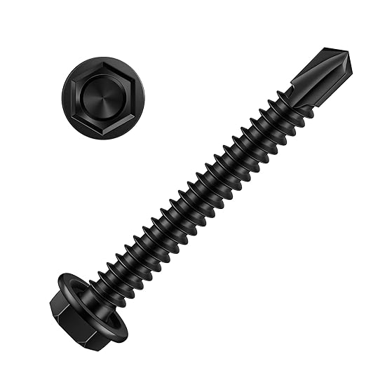MewuDecor #12 x 2 (5/8" to 3" Available) Hex Washer Head Self Drilling Sheet Metal Screws with Drill Point, Stainless Steel 410, Black Oxide, 50 PCS