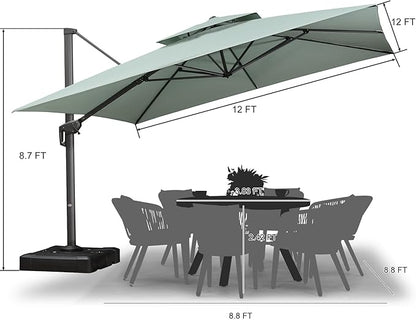 PURPLE LEAF 12 FT Cantilever Umbrella - Large Offset Square Outdoor Patio Umbrella, Windproof Heavy Duty Hanging Outside for Patio, Mint Green