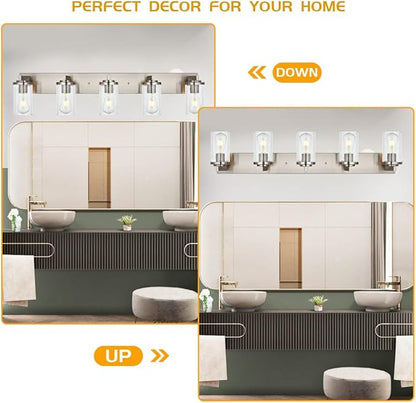 BONLICHT Brushed Nickel Bathroom Light Fixtures 5 Light Modern Vanity Lights Industrial Glass Wall Sconce Farmhouse Bath Lighting Over Mirror Wall Mount for Kitchen Living Room Hallway Workshop