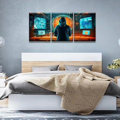Bedroom Wall Decor 3 Panel Anonymous Hacker Standing in Server Room Print on Canvas for Living Room Bedrooms Wall Decorations, Wooden Framed Gallery-Wrapped Ready to Hang 12x16inchx3