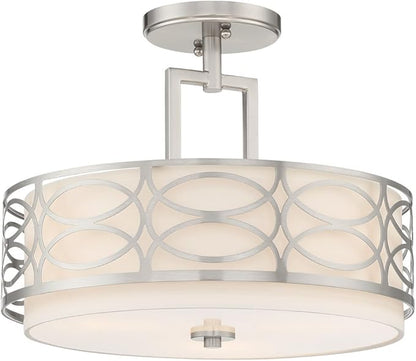 Kira Home Sienna 15" 3Modern Lattice Drum Semi-Flush Mount, 3-Light Silver Ceiling Light with White Linen Shade & Glass Diffuser, Brushed Nickel Finish