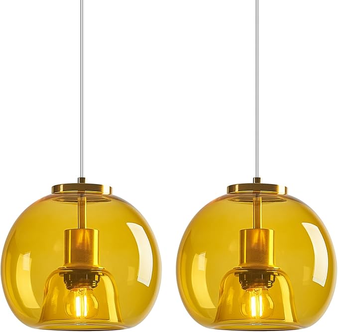 Yellow Glass Pendant Lights Kitchen Island Gold Hanging Light Fixture Glass Globe Pendant Light Modern Pendant Lighting for Kitchen Island Bedroom Dining Room (7.87", 2 Pack)