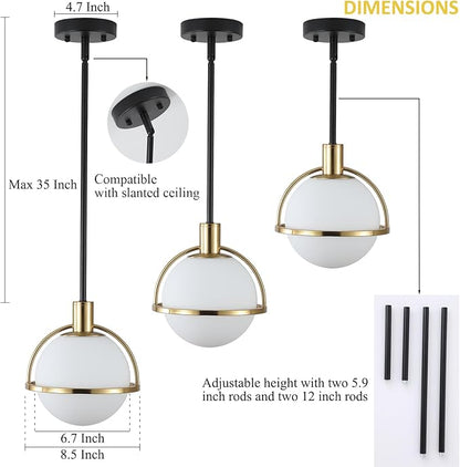 2 Pack Modern Mid Century Globe Pendant Lights,Brass Gold and Black Kitchen Island Pendant Lighting with Milk White Glass Shade,Hanging Pendant Light Fixtures for Living Room Bedroom
