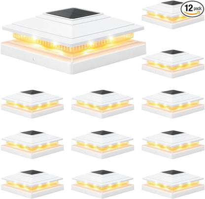 APONUO Solar Post Cap Lights 12-Pack, White IP64 Waterproof 16 LED Fence Post Solar Lights for 4x4 5x5 6x6 Wood/Vinyl Posts, 2-Mode Deck Post Lights Solar Powered, 10-Hr Lighting for Patio Yard Porch