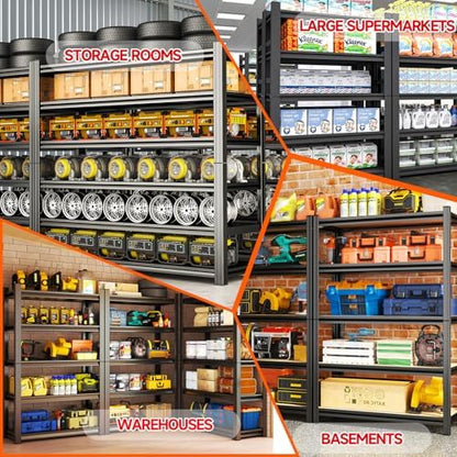 Heavy Duty Metal Garage Shelving Unit, 5 - Tier Adjustable Storage Shelves, 3000LBS for Garage & Basement, Kitchen and Pantry Industrial Steel Rack, Ideal for Tool Organization & Storage, Black,73"H