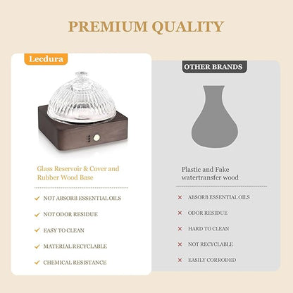 Glass Essential Oil Diffuser with Glass Reservoir & WoodBase, 200ml Ultrasonic Lock Color Timer Auto-Off 7 Color Light Aroma Glass Dome Diffuser for Home Office Bedroom Yoga - Dark Brown