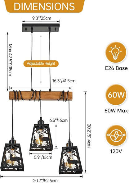 3-Lights Farmhouse Dining Room Pendant Light Fixtures, Rustic Solid Wood Kitchen Island Lighting Hanging with Deer Metal Shades for Restaurant, Kitchen Island, Hallway