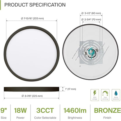 ASD LED 9" Round Flush Mount Light | 18W 1460LM 3000-5000K 120V | 3CCT, Dimmable, Ultra Slim, ETL Listed | Thin Surface Lamp, Bedroom Ceiling Lighting | Bronze, 6 Pack