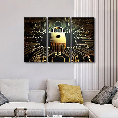 3 Panel Modern Wall Art Data Security Concept Pictures Print on Canvas for Living Room Bedroom Bathroom Wall Decoration, Wooden Framed Gallery-Wrapped Ready to Hang, 36" Wx24 H