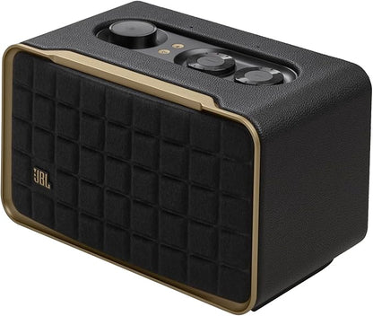 JBL Authentics 200 - Retro Style Smart Home Speaker with Built in Wi-Fi, Bluetooth and Voice Assistants, Alexa and Google Assistant, Multi-Room Playback, Automatic self tuning (Black/Gold)