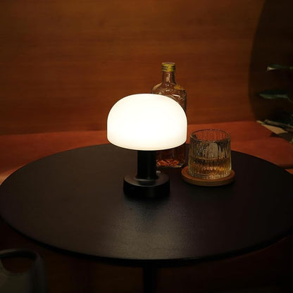 HAPYGI Small Mushroom Table Lamp, Cordless Night Light with 2600mAh Rechargeable Battery, Stepless Dimming Desk Lamp with 3 Colors for Bedroom/Patio/Living Room (Black-1)