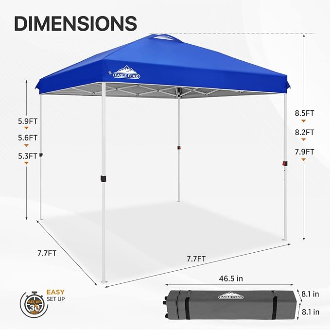 EAGLE PEAK Pop Up Canopy Tent with Wheeled Carry Bag, 8 Stakes, 4 Ropes, Easy Set Up Tent Canopy, 8x8 ft, Blue