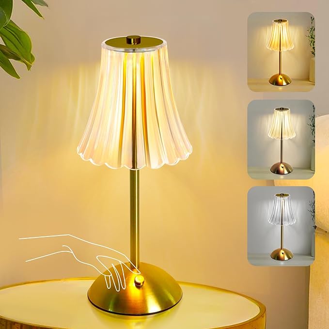 Cordless Table Lamp Rechargeable,LED 3 Colors Light Touch Dimmable Gold Small Lamp Decorative 12" for Nightstand,Bedside,Kitchen,Living Room 2600mAh High Capacity Battery Powered (Acrylic Flower)