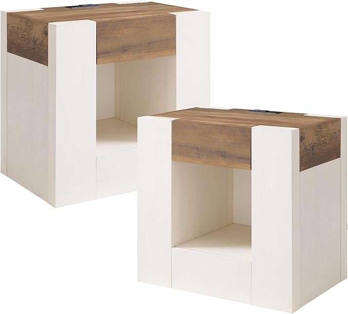 OKD 24'' Modern Nightstands Set of 2, Large Wooden End Table with Charging Station & Drawer & Storage Shelf, Rustic Square Bedside Table for Bedroom, Living Room, Wood Thick Design,Antique White