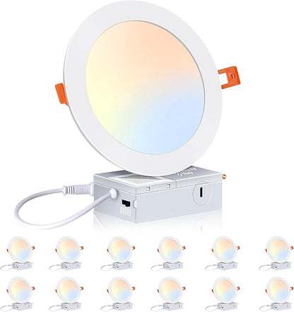 CLOUDY BAY 12 Pack 6 Inch 5CCT Ultra-Thin LED Recessed Ceiling Light with Junction Box,2700K/3000K/3500K/4000K/5000K Selectable,15W Dimmable, Canless Wafer Downlight, White,1000LM High Brightness