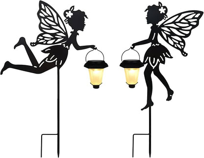 Solar Fairy Garden Stake Decorative Lantern, 2 Pack Metal Fairy Angel Garden Silhouette Lights for Lawn, Pathway, Patio, Yard Outdoor Decor