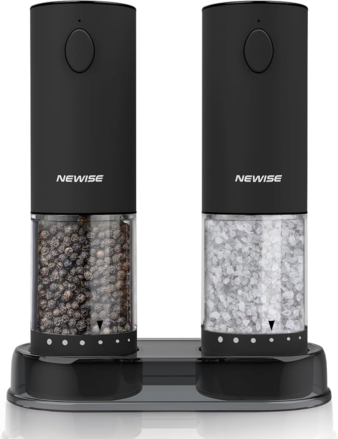 Electric Salt & Pepper Grinder Set, Rechargeable with LED Light & External Coarseness Adjustment, One-Hand Operation, Perfect Kitchen Gift for Home Cooks & Families - Black