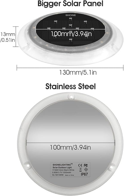 SHONELIGHTING Solar Dock Lights Outdoor Waterproof, Flat Low Profile Disc LED for Deck, Driveway, Ground & Pathway, Anti-Slip & Anti-Trip (Warm White, 2Pack)