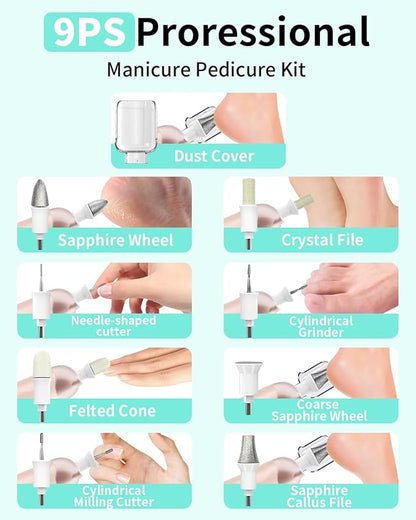 Manicure Pedicure Kit for Women, Professional Nail Grinder for Senior Thick Toenail, Cordless Electric Nail File, 5 Speeds Pedicure Tools for feet Callus Remover, Nail Drill for Women Hand Feet Care