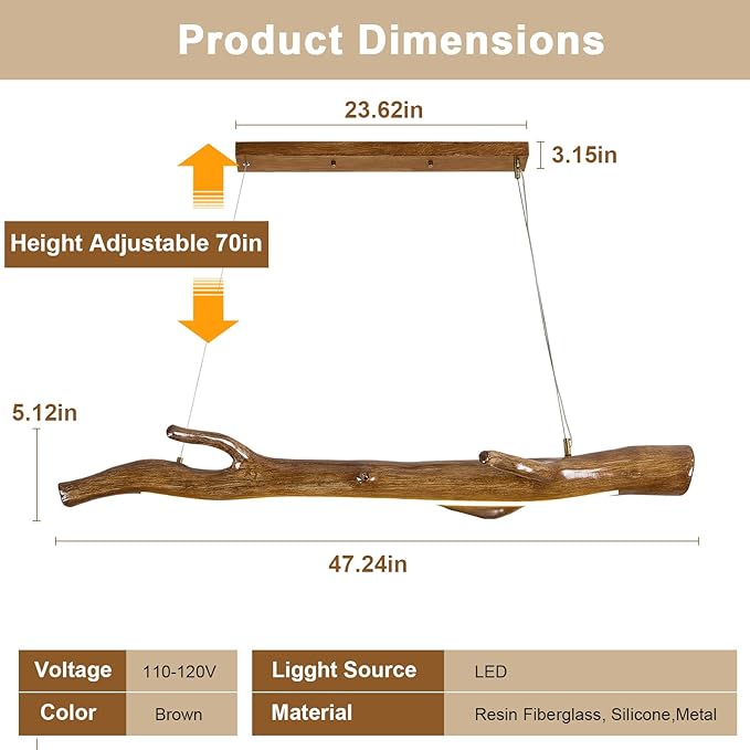 47.3in Wood Linear Pendant with Light,Modern Dimmable Hanging Light Adjustable Kitchen Island Linear Chandelier for Dining Room Bar Pool Table Light Walnut Color