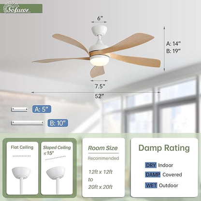 Sofucor 52 Inch Ceiling Fans with Lights and Remote, Outdoor Ceiling Fan with Light 6-Speed 3 CCT 3-Timer, Modern Low Profile Ceiling Fan 5 Blade Reversible DC Motor for Living Room Bedroom Patio