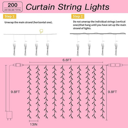 200 LED Pink Curtain String Lights 9.8x6.6FT, Plug in Fairy Lights, 9 Hooks, Dimmable Timer 8 Modes, IP44 Waterproof, Princess Girls Bedroom Wall Wedding Party Birthday Indoor Decor