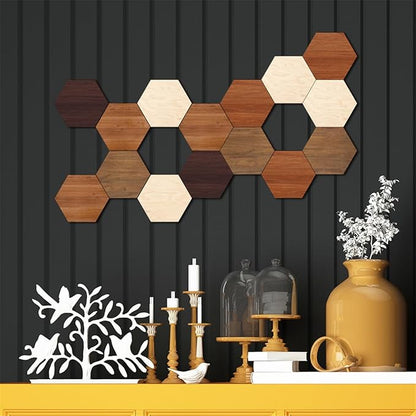 Wooden Multi Color Wall Art Decals, 15 PCS 3D Hexagon Wall Tiles for Office, Living Room, Bedroom, Home