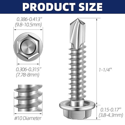 MewuDecor #10 x 1-1/4" (1/4" to 3" Available) Hex Washer Head Self Drilling Sheet Metal Screws with Drill Point, Stainless Steel 410, 100 PCS