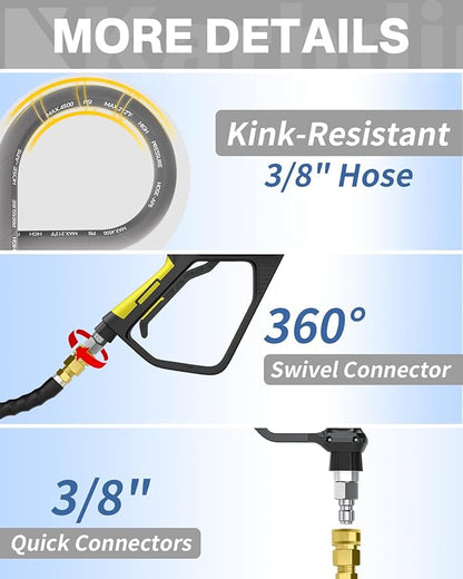 Pressure Washer Hose 100FT 3/8" for Cold and Hot Water 212°F, with Swivel Quick Connect, 4500PSI Kink Resistant Grade Steel Wire Braided, Power Washer Hose With 2pcs M22-14mm Adapter