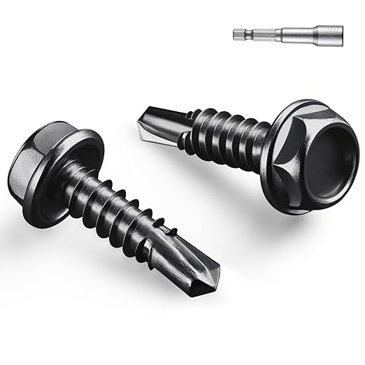 #10 x 3/4 Inch Self Drilling Screws, (493pcs) 3 lbs Black Self Tapping Screws for Metal, 410 Stainless Steel Hex Washer Head Sheet Metal Screw