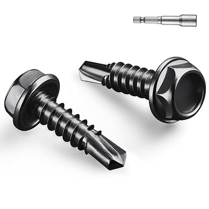 #10 x 5/8 Inch Self Drilling Screws, (62pcs) 0.5 lbs Black Self Tapping Screws for Metal, 410 Stainless Steel Hex Washer Head Sheet Metal Screw